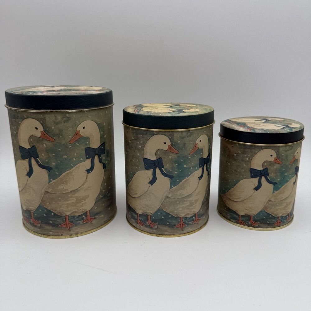 VTC Geese Blue Ribbon 3 Tin Set Nesting Canisters Snow Cottagecore Country 80s